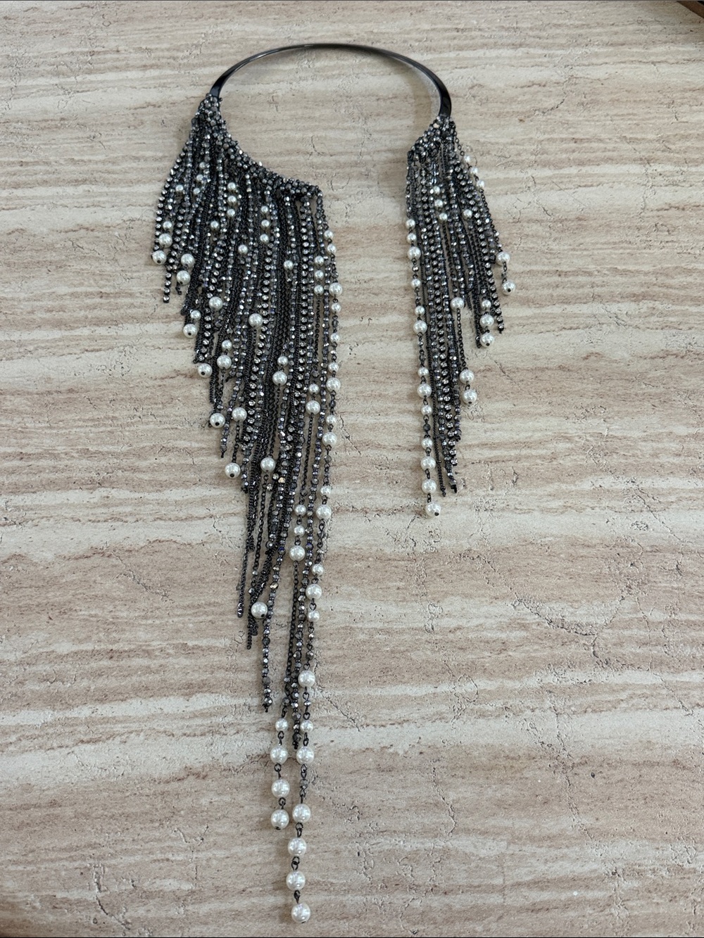 White House Black Market Black and White Pearl Fringe Collar Necklace